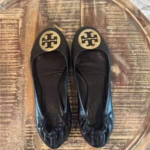 Tory Burch Black and Gold Leather Flats